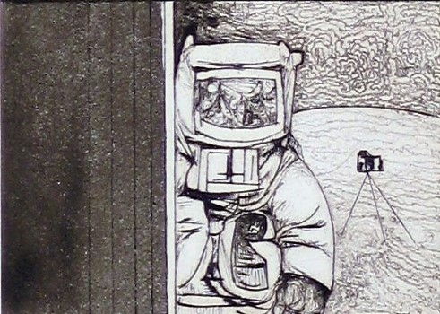 Roger Descombes, Histoire de la photographie: détail d' un astronaute avec une caméra sur la lune, 1975 - Détail d'un astronaute avec une caméra sur la lune en 1969, gravure 1975